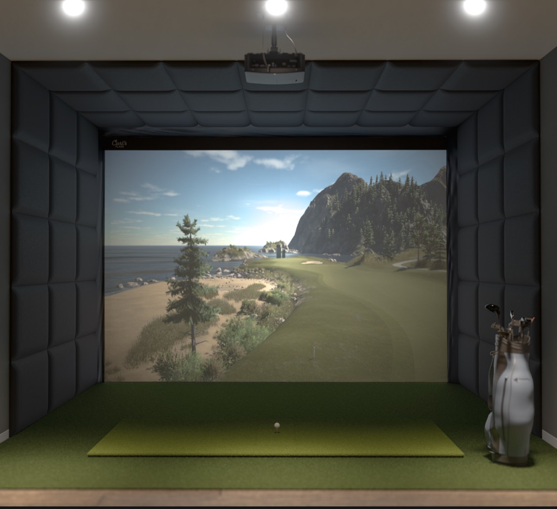 Carl's Place golf simulator enclosure with impact screen, hitting mat and ceiling-mounted projector